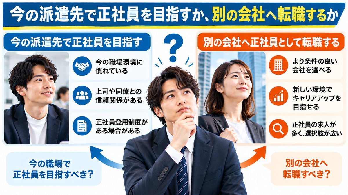 今の派遣先で正社員を目指す場合と別の会社へ正社員転職する場合の比較