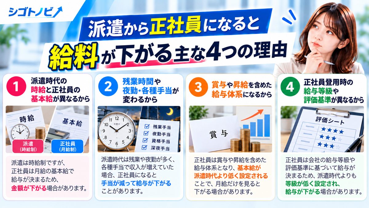 派遣から正社員になると給料が下がる4つの理由を時給・手当・賞与・給与等級で解説